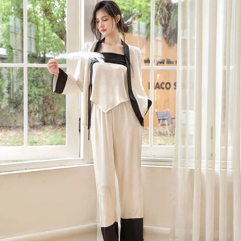 

3pcs Seding Pajamas for Women Long Sleeve Solid Cardigan Sling Cropped Top Trousers Fashion Solid Women's Sleepwear Pijamas Pjs
