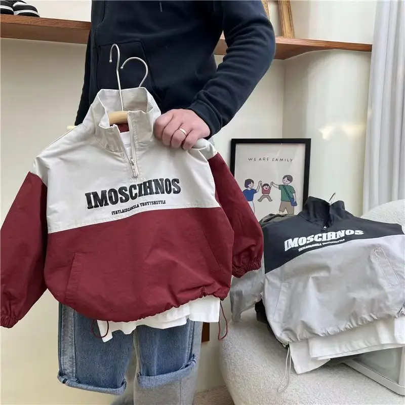 2023 Spring Children's American Outdoor Color Matching Sprint Coat Boys and Girls Standing Neck Letter Retro Windbreaker Coat