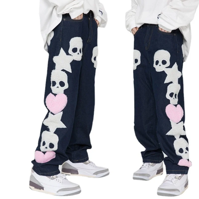 Men's Wear Autumn and Winter Loose Straight Cylinder Jeans Vintage Skeleton Towel Embroidery Comfortable Blue Trousers Female
