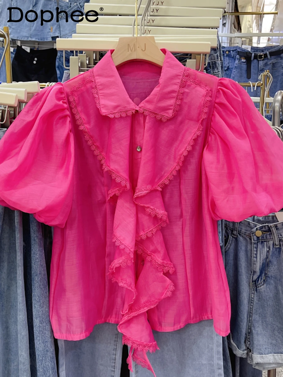 

Sweet Candy Colors Ruffled Lace Stitching Shirt Women 2022 Summer New Clothes Retro Lantern Short Sleeve Loose Organza Blouse