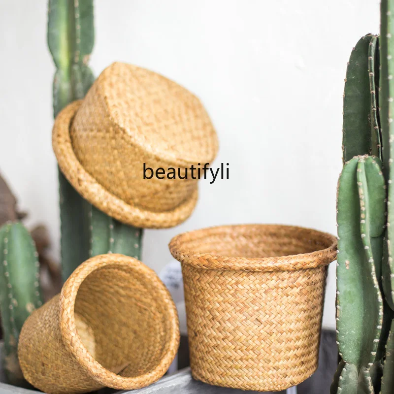 

zqPastoral Style Rattan Weaved Decorative Flower Basket Storage Storage Basket Creative round Flower Pot Grocery Basket