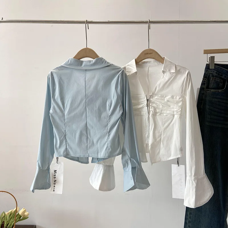 Женская рубашка с длинным рукавом Голубая универсальная короткая блузка в