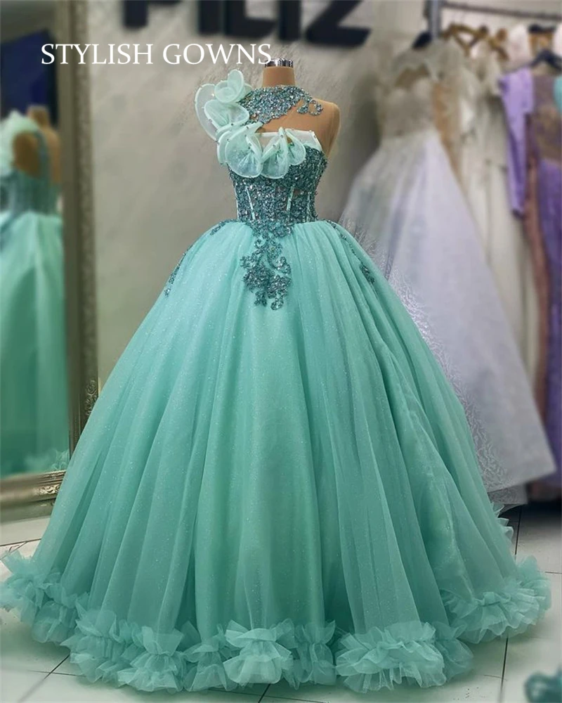 

Luxury Mint Green Evening Dress For Women Saudi Arabia O Neck Ruffles Pageant Party Appliques Birthday Gowns Ball Bown Tulle