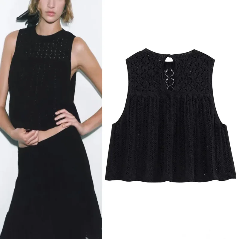 

TRAF 2023 Women Knit Tops Round Neck Sleeveless Black Tops Slim Hollow Out Back Button Tops Elegant Chic New Female Clothing