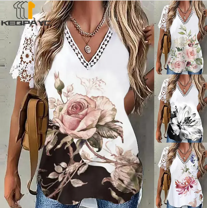 

Summer Women's T Shirt New 2023 Women Fashion V-neck Lace Patchwork Short Sleeve Floral Print T-Shirt Ladies Casual Tops Tees