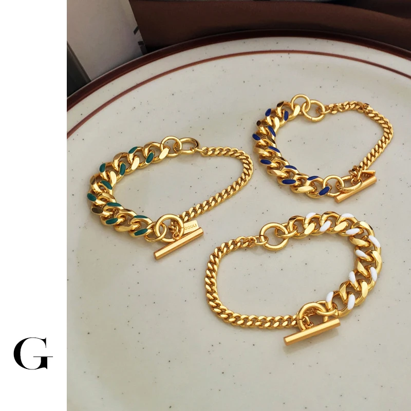 

Ghidbk Hip-Hop Thick Chain Drop Glaze Stitching Bracelet Half Cuban Half Thin Chain OT Buckle Chains Unisex Clasp Bracelets