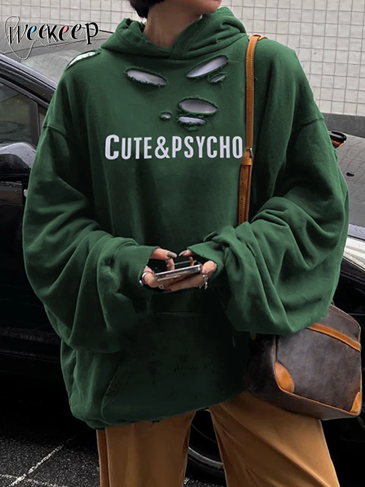 

Weekeep Ripped y2k Hoodie Boyfriend Oversized Hooded Sweatshirt Full Sleeve Loose Pullovers Women Streetwear Korean Fashion Top