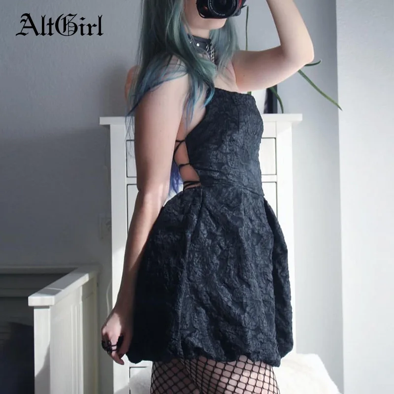altgirl elegante sexy preto vestido feminino escuro punk gotico sem costas rendas