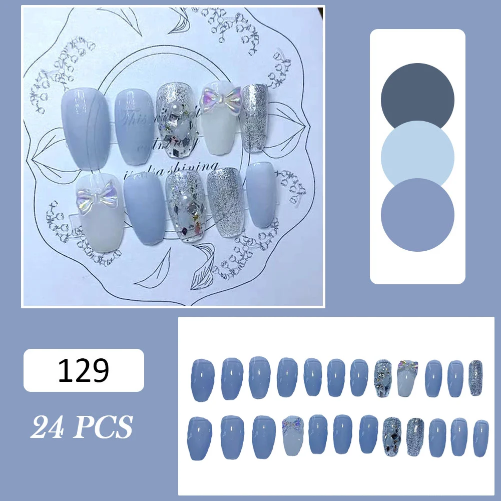 

Новые 24 шт длинные синие Стразы для ногтей дизайн сладкий стиль полное покрытие ногтей съемные экономят время искусственные ногти