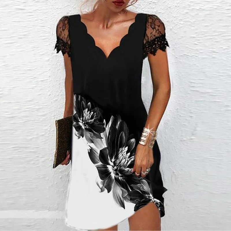 Women Elegant Dresses Summer V Neck Lace Short Sleeve Dress Sexy Printed Loose Female Black Party Vestidos |