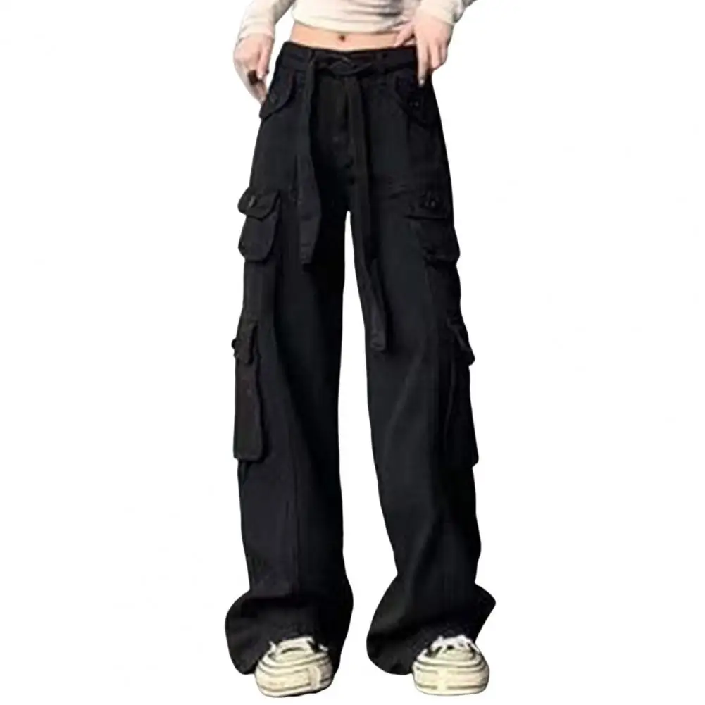 

Прямые женские брюки в стиле хип-хоп со множеством карманов и средней талией, универсальные прямые широкие брюки в стиле ретро из хлопка и саржи, 2023