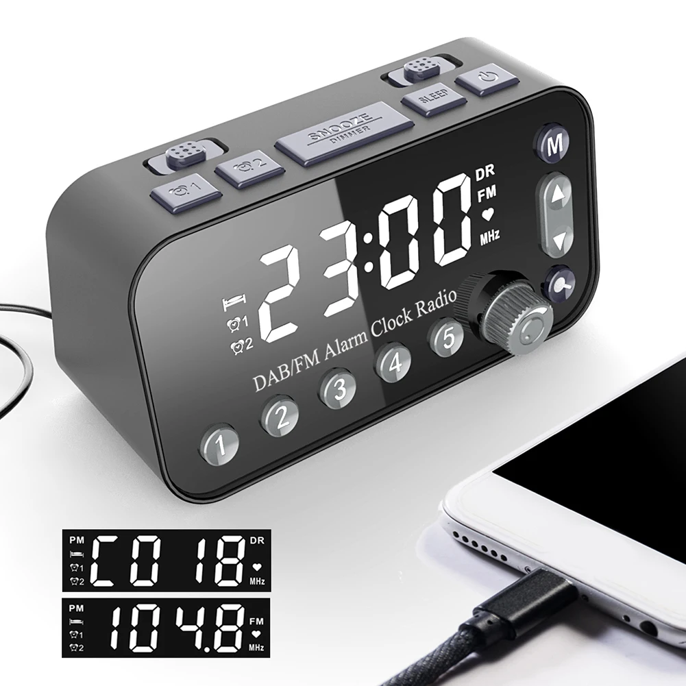 

DAB FM Radio LED Digital Alarm Clock Snooze Brightness Adjustable Table Clock Bedside Wake Up Clock Dual USB Rechargeable Clocks