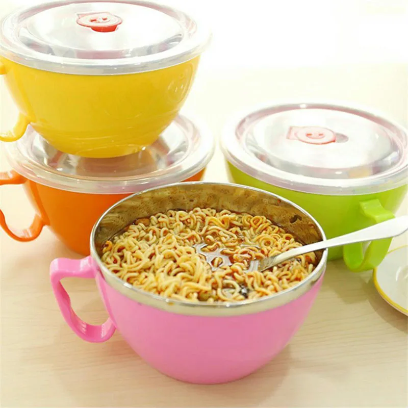 600ml Noodle Bowl with Lid Handle Stainless Steel Plastic Leak-Proof Food Container Rice Soup Bowls Kitchen Gadget