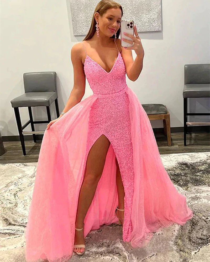 

Evening Party vestido de fiesta rosa Tulle Detachable Sweep Train Sexy Mermaid Sleeveless Sequin Back Lace Up Prom Dresses