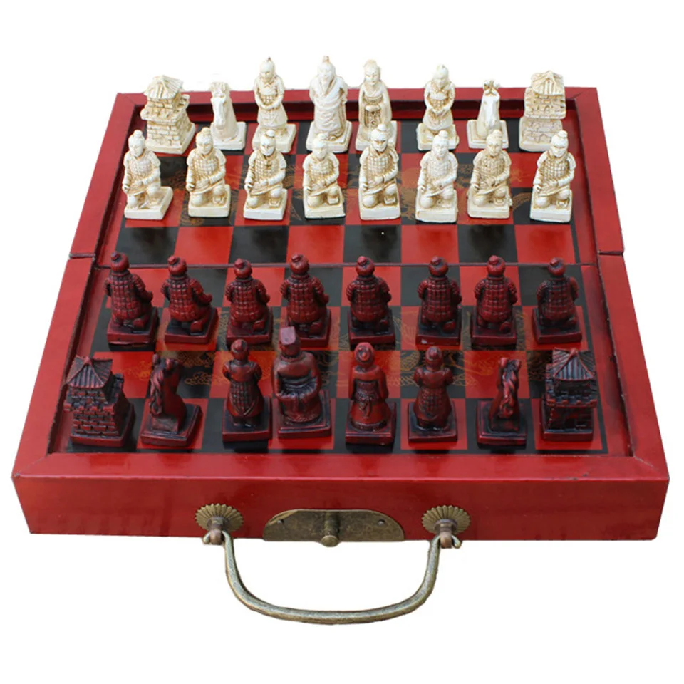 

Chess Figures Set Terracotta Army Chess Game Portable Chess Game Foldable Wooden Chessboard Wood Resin Chess Pieces Travel Chess