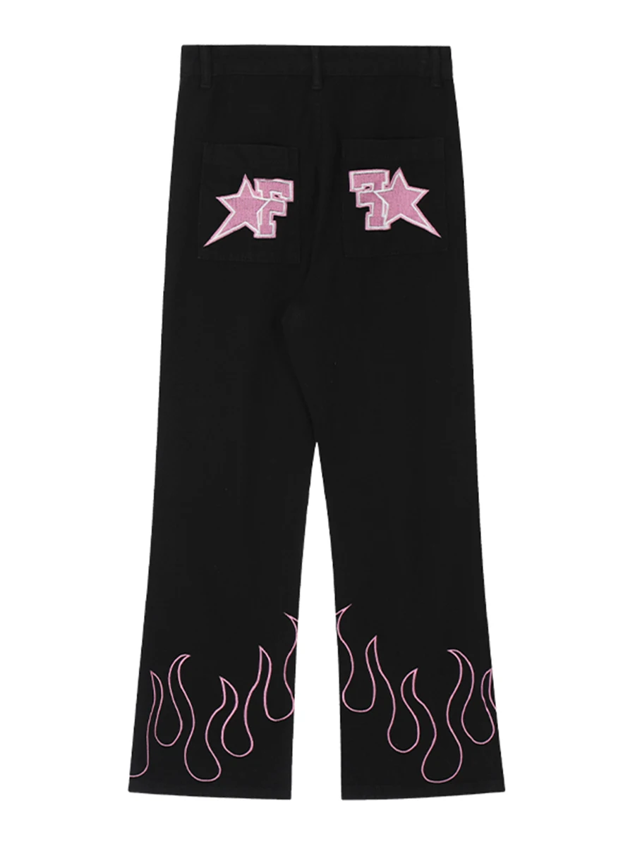 Four Seasons Men's Jeans Trend Flame Pattern Embroidery Unisex Micro-Flare Loose Wide Leg Trousers Streetwear Men's Ins Hot Sale