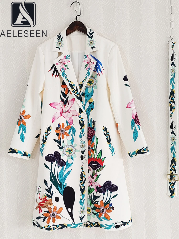 

AELESEEN Designer Fashion Women Trench Autumn Winter High Street Turn-down Collar Flower Print Double-breasted Belt Midi Party