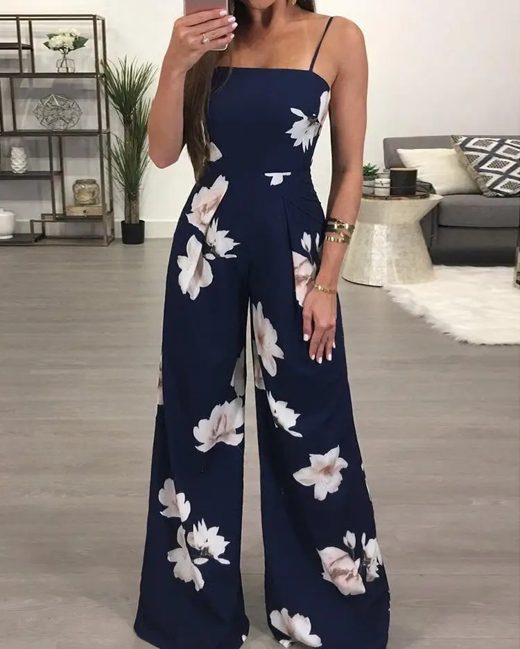 

Elegant Woman Jumpsuit Summer New Vintage Print Backless Strap Sling Jumpsuit Boho Beach Clothes 2022