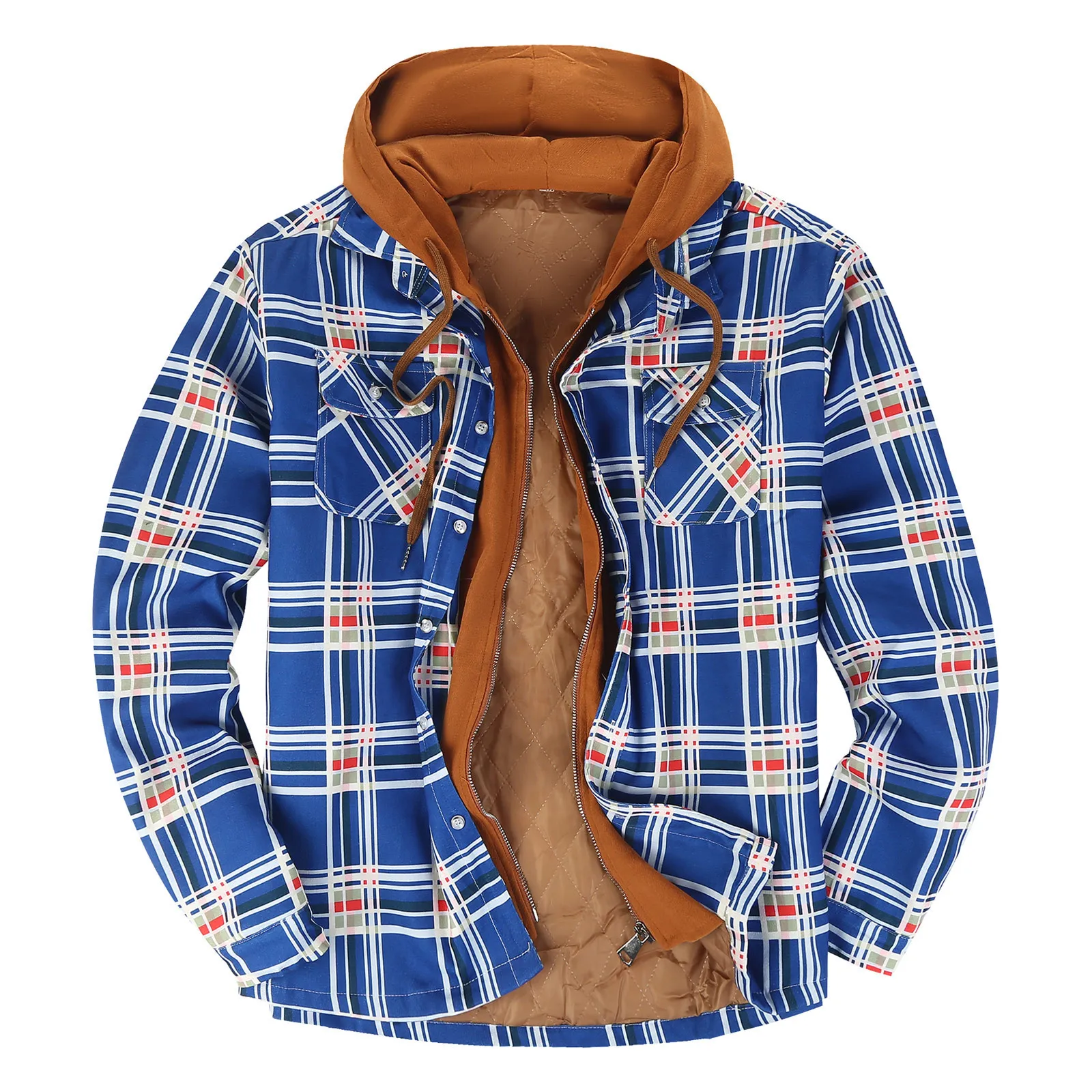 

Men'S Quilted Lined Jacket Fashion Plain Print Outwear Male Button Down Plaid Shirt Add Velvet To Keep Warm Jacket With Hood
