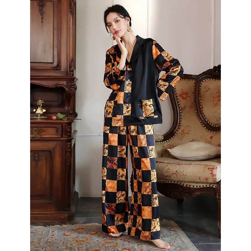 Plaid pajamas women's ice silk long-sleeved trousers two-piece retro pajama set women ชุดนอน