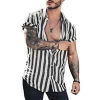 nebuclot summer mens shirts linen stripe short sleeve breathable turn down collar daily basic lapel fashion slim shirt for men