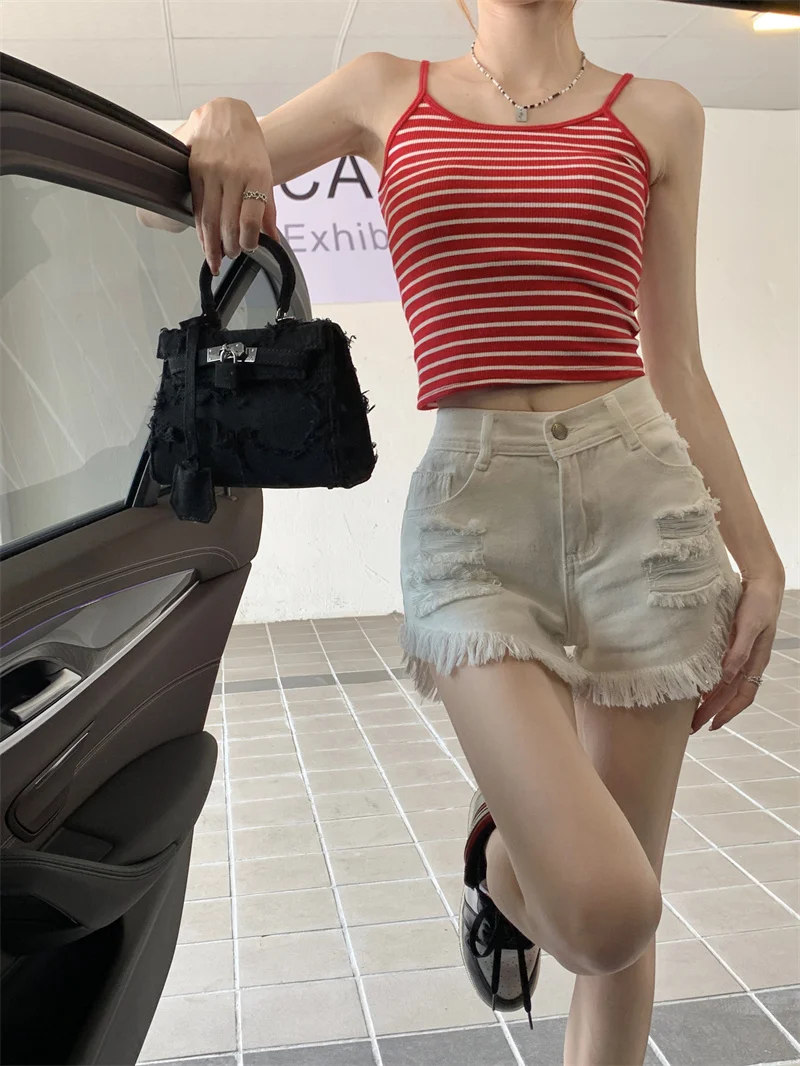 GDZS Summer Women's Casual Fashion Hole Denim Shorts streetwear Korean High Waist Blue A-line Pants Ladies Sexy Pocket Short