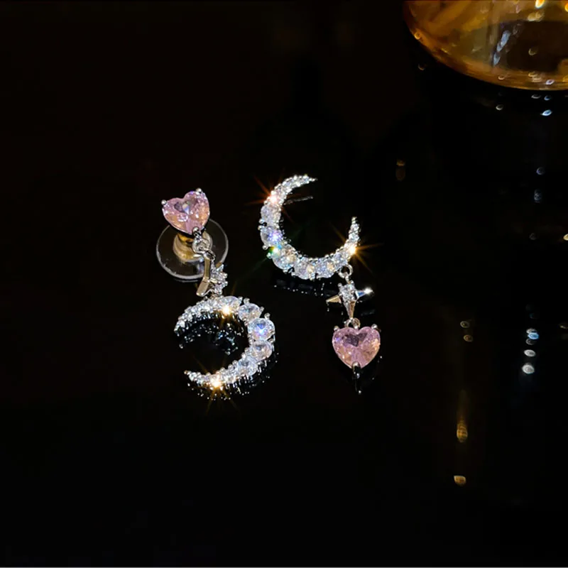 

DREJEW Pink Zircon Rhinestone Drop Earrings for Women Heart Moon Star Dangling Irregular Asymmetry Earrings Luxury Ear Jewelry
