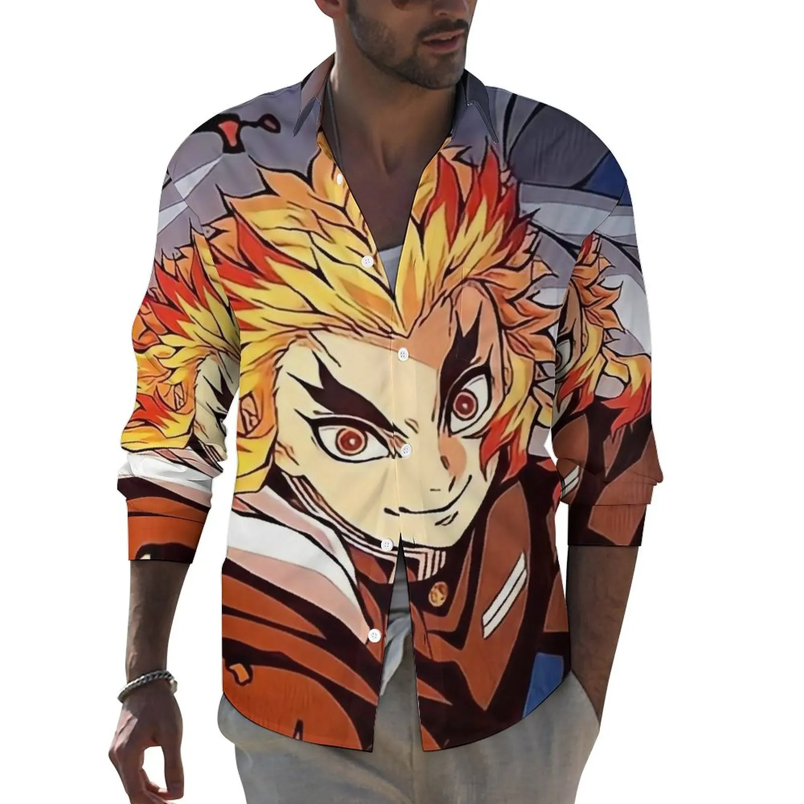 

Cute Demon Slayer Shirt Rengoku Kyojuro Casual Shirts Long Sleeve Graphic Streetwear Blouses Spring Fashion Oversized Tops