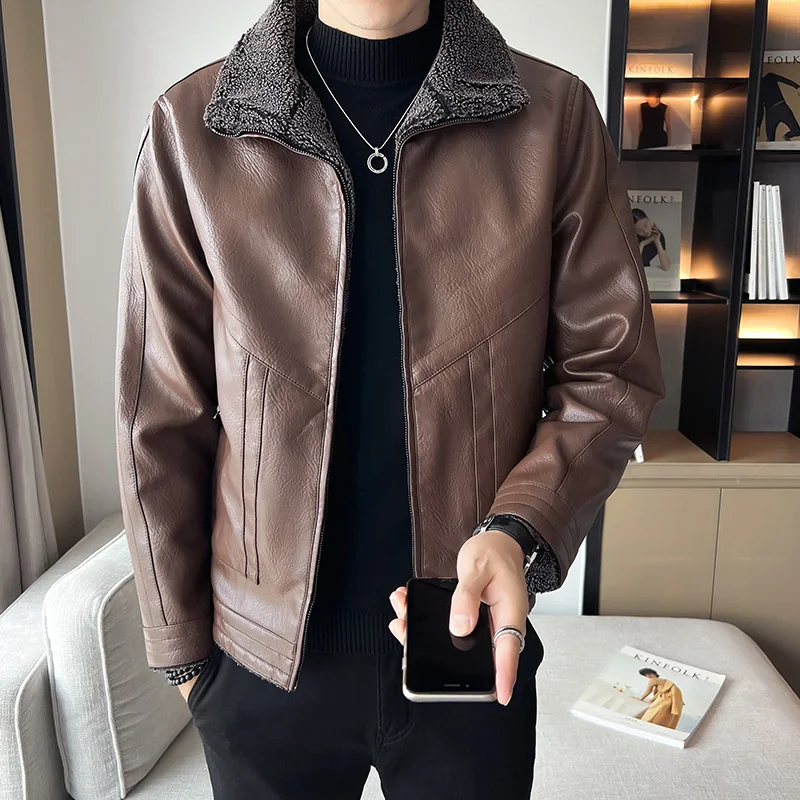 Parker Coat Men's Winter Coat Thickened Warm Polo Collar Leather Jacket Slim Fit Fashion Casual Large Coat Light Luxury Jacket