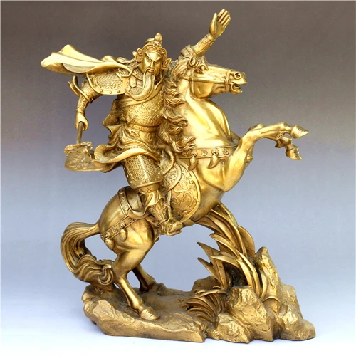 A brass equestrian statue of Guan Gong Cai Fortuna Wu Guan Erye bronze ornaments on evil town house