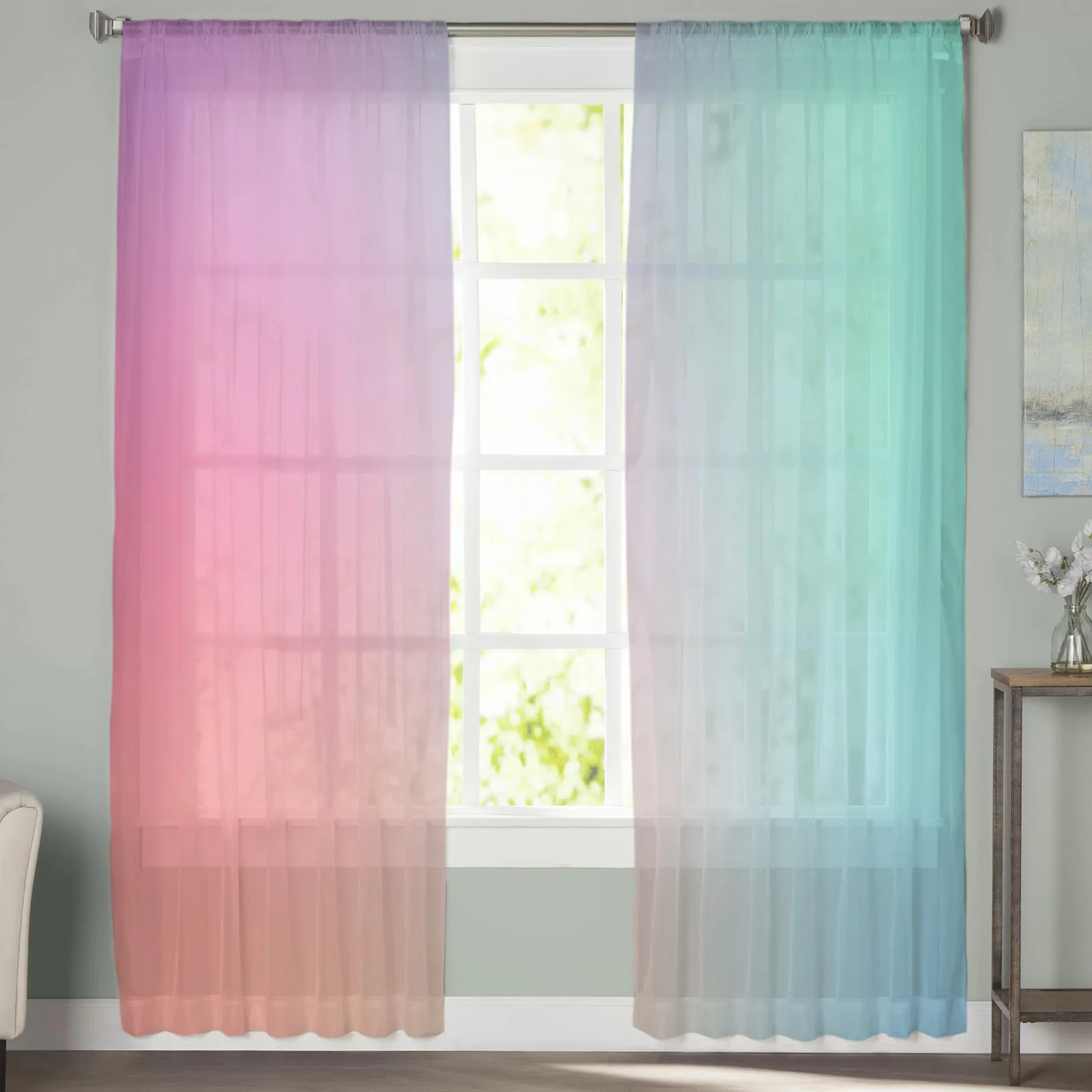 

Pink Blue Purple Teal Gradient Tulle Curtains For Living Room Bedroom Decoration Luxury Voile Valance Sheer Curtains For Kitchen