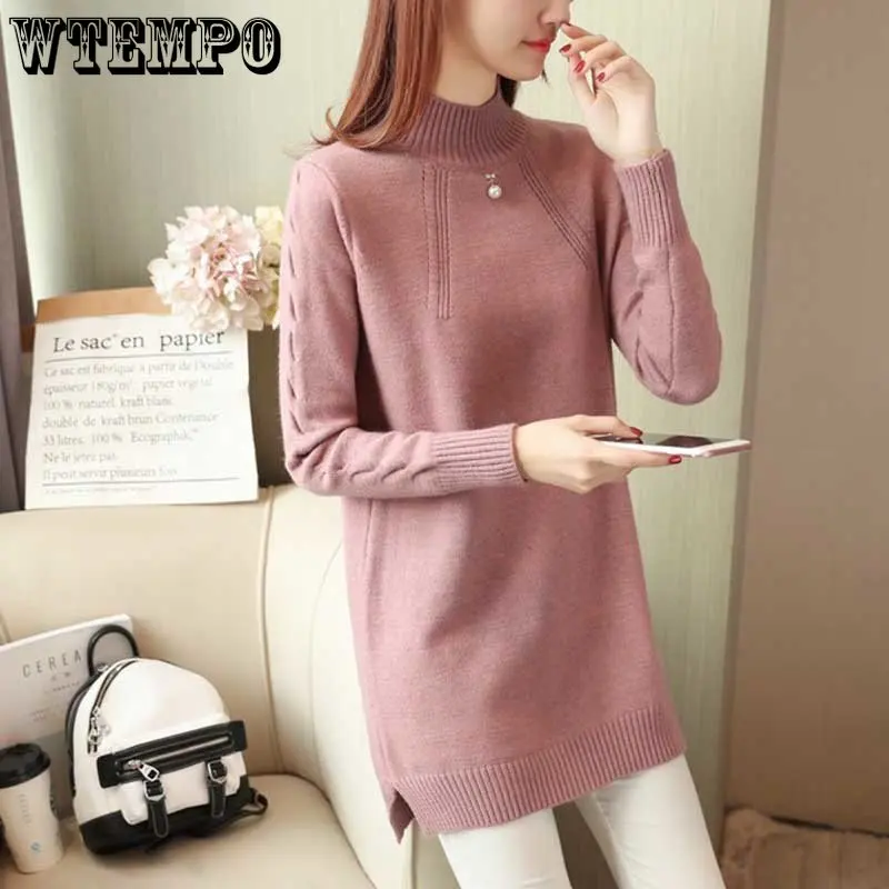 

WTEMPO Pullover Sweater Half Turtleneck Women's Medium Length Korean Knitwear Loose Winter Warm Solid Casual High Strecth Top
