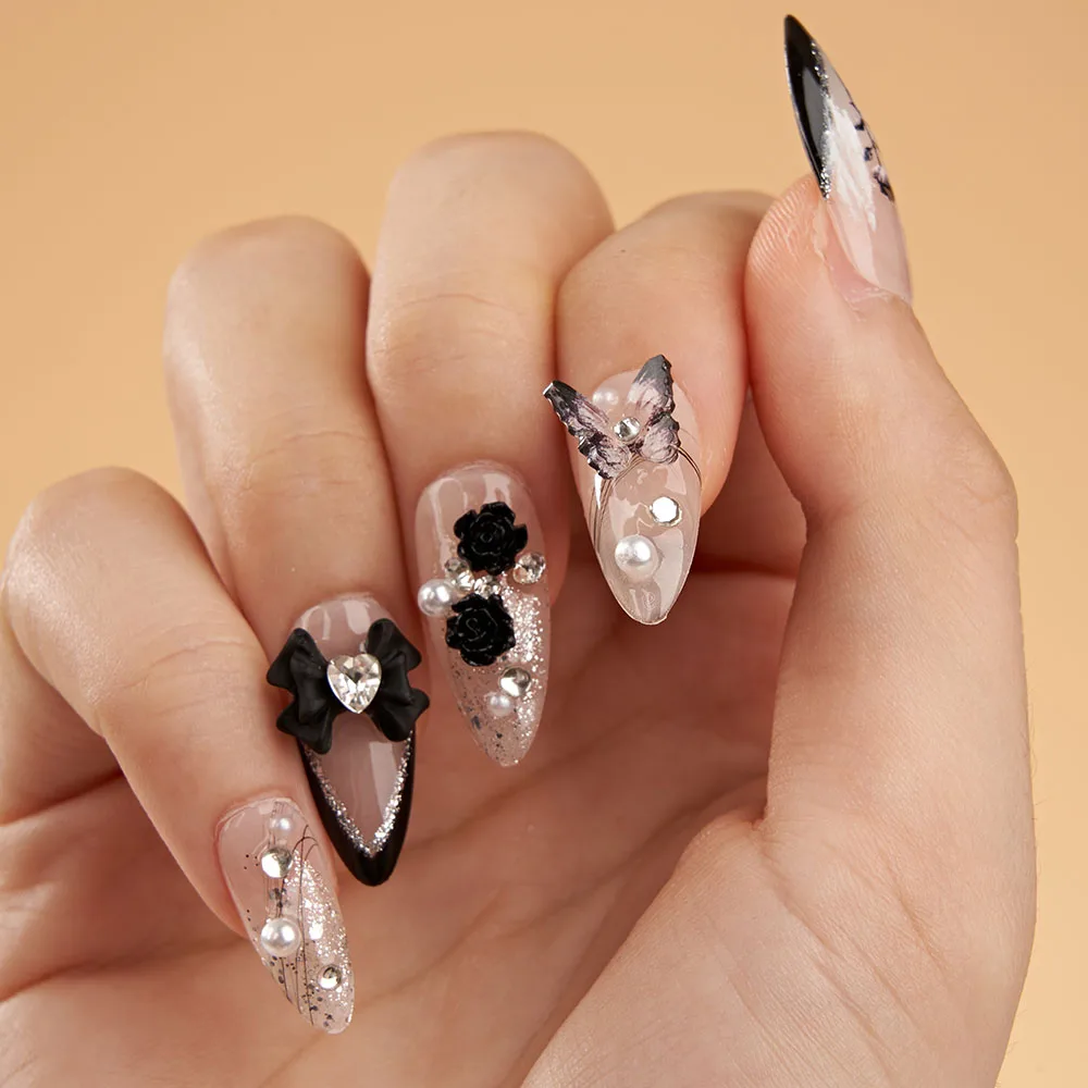 

False Nails French Gradient Ballet Fake Nails Press on Nails Black Rhinestone Design Glitter Full Cover Nail Tips