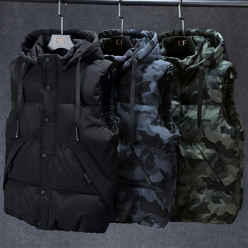 

2023 куртки, повседневный жилет, новая мужская камуфляжная жилетка, зимняя одежда стандартного размера, модная Осенняя безрукавка с капюшоном для мужчин