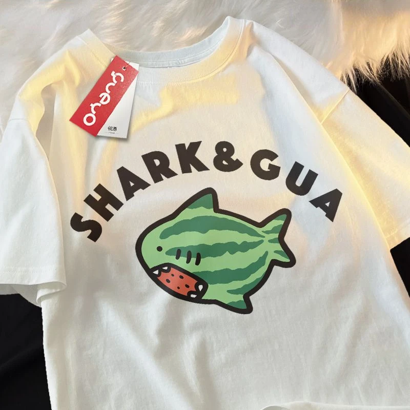 

Korean Fun Funny Cute Shark Watermelon Pure Cotton Short Sleeve T-shirt Men and Women INS Summer Loose Casual Couple Y2k Top