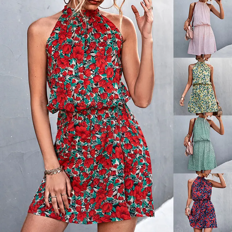 

Fashion Womens Halter Neck Floral Mini Dress Summer Beach Holiday Party Sundress 2022 Sexy Short Skirt kleid festlich damen