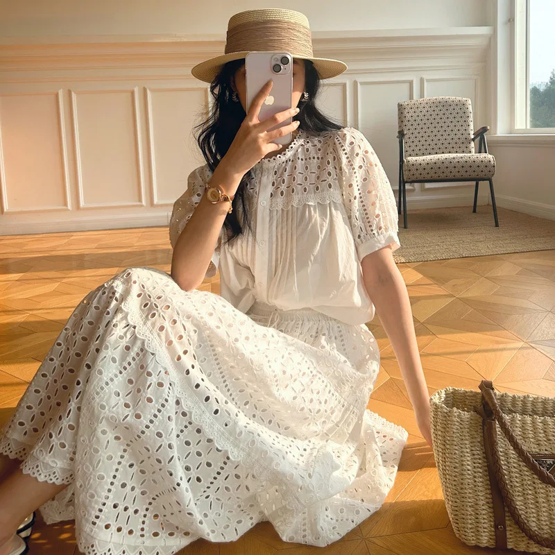 

Gypsy Women Hook Flower Hollow 2-piece Set Casual Folds Lace Elegant Blouse Shirt with Skirts Boho Vacation Style Suits Female