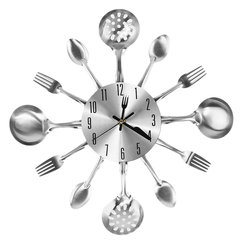 

Metal Kitchen Cutlery Wall Clock 14 Inch with Fork Spoon 3D Non Ticking Quartz Watch Clock for Bedroom Home Decor,Silver
