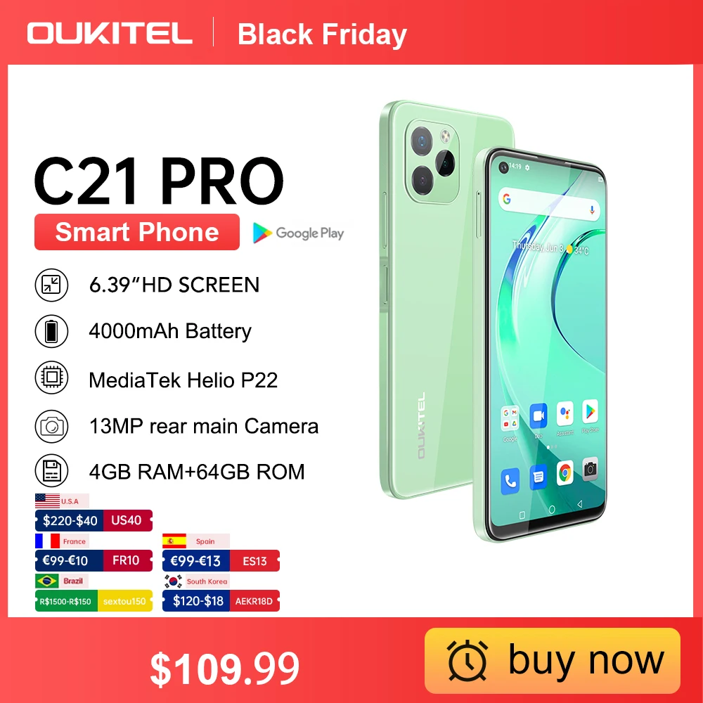 Смартфон Oukitel C21 Pro, 4 + 64 ГБ, 6,39 дюйма, HD +, 4000 мА · ч