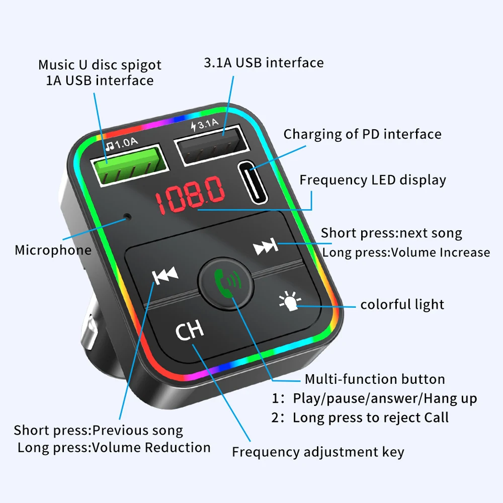 FM-трансмиттер Bluetooth 5 0 12-24 В 3 USB-порта