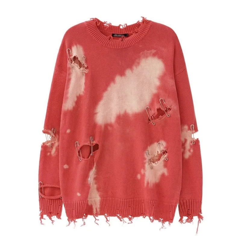 

Men Women Harajuku Destroyed Holes Sweater Gothic Tie-Dye Ripped Metal Pins Oversized Knitwear Long Sleeve Pullover Top