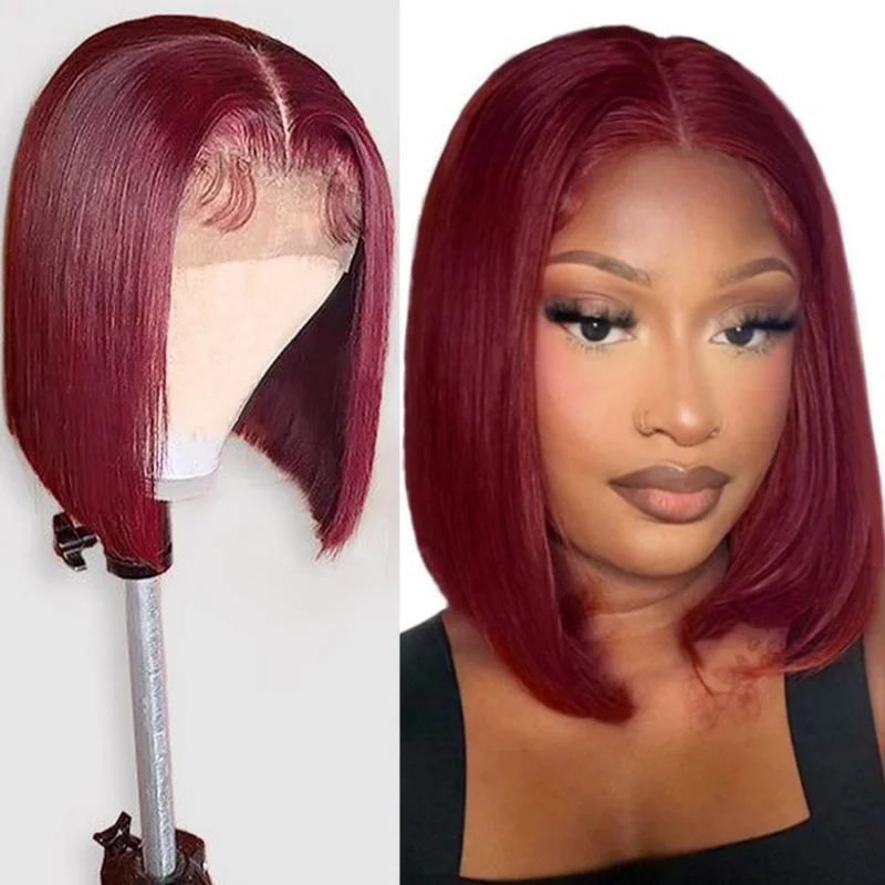 99J Бордовый Боб Парик Человеческих Волос 13x4 Прямые Парики Фронта Шнурка Короткий