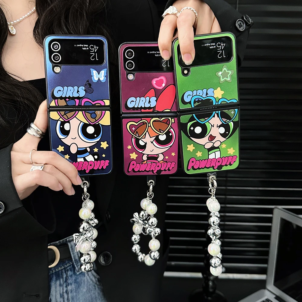 

Fashion Cartoon Powerpuffs Girls With Lanyard Phone Case for Samsung Galaxy Z Flip 3 Z Flip 4 5G Girl Anti-drop Cover Funda