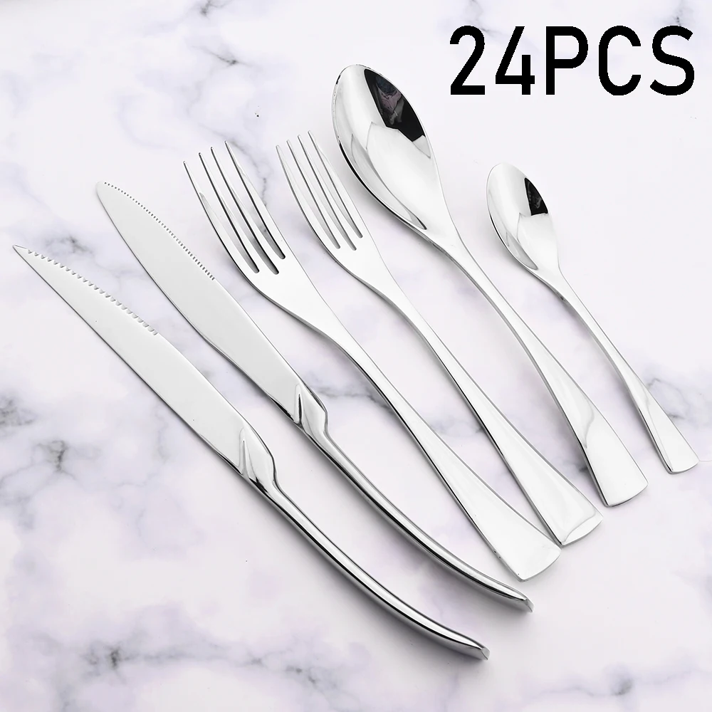 24Pcs Flatware Set 304 Stainless Steel Steak Knife Fork Spoon Luxury Cutlery Tableware Set Silver Western Dinnerware Set Gift