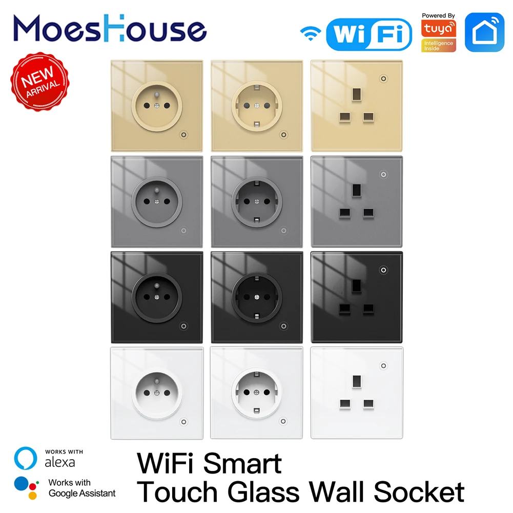 

WiFi Tuya Smart Wall Socket Glass Panel Outlet Power Monitor Touch Plug Relay Status Light Mode Adjustable Smart Life App Alexa