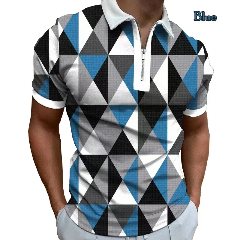 

Men's New Summer casual Fashion Waffle print zipper short-sleeved POLO Shirt