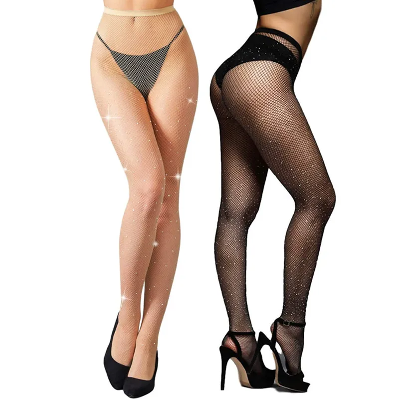 

Fishnet Stockings Rhinestone High Waist Sparkly Tights for Women Party Club Black Stockings Erotic Lingerie Without Underwear