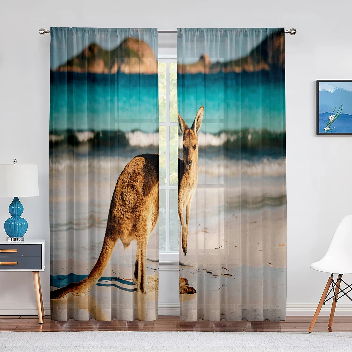 Kangaroo Beach Seaside Animal Sheer Window Curtains for Bedroom Drapes Home Decor Tulle Curtains for Living Room Chiffon Curtain