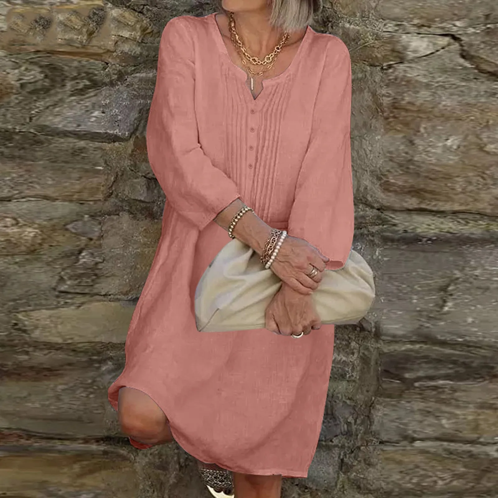 

Summer Soild Color Linen Dress Women Casual V Neck Splice Button Three Quarter Sleeve Maxi Shirt Dress Holiday Long Dress