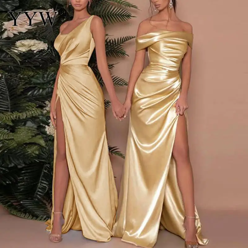 

Dress Women Elegant Luxury Off Shoulder Long Luxurious Evening Dresses Champagne Sexy High Waist Slit Long Dress Silk Party Robe
